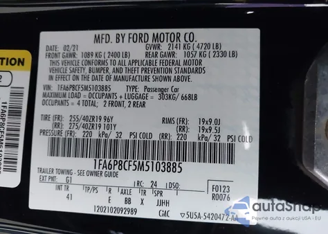 2021 Ford Mustang Gt Premium Fastback из США, поврежденный, VIN 1FA6P8CF5M5103885